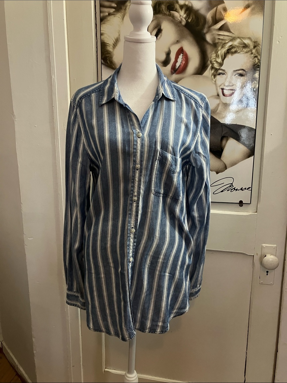 American Eagle Blue and White Striped Boyfriend Shirt